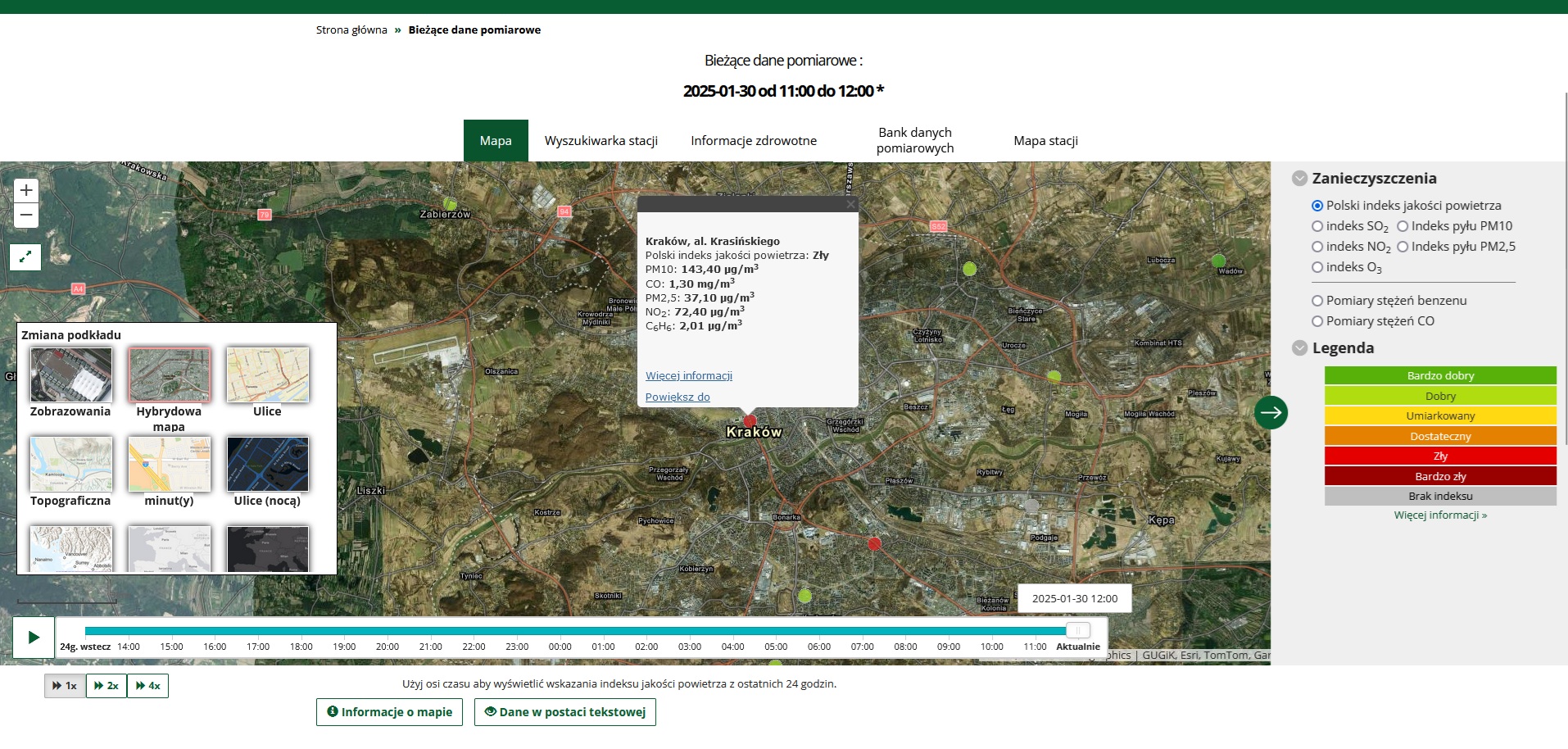 Pomiary jakości powietrza w dniu 30.01.2025 | źródło: GIOŚ